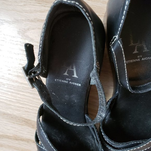 Etienne Aigner Genuine Leather Black Wedge Sandals Size 7.5M - Picture 3 of 5